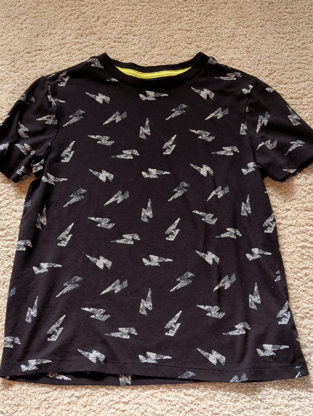 Old Navy Black Tee with Silver Lightning Bolt Print and Neon Trim